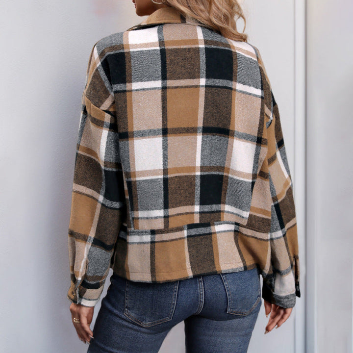 Dam oversized Check Shacket med Notched krage, dragkedja &amp; påsydda fickor