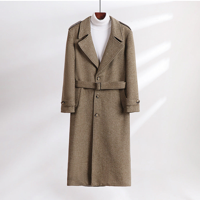 Herr Maxi-Length Ullblandning Overcoat med Boxig Siluett, Sjalkrage Krage och Dekorativa Axelklaffar