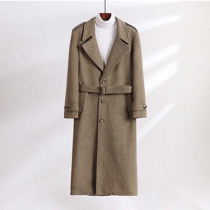 Herr Maxi-Length Ullblandning Overcoat med Boxig Siluett, Sjalkrage Krage och Dekorativa Axelklaffar