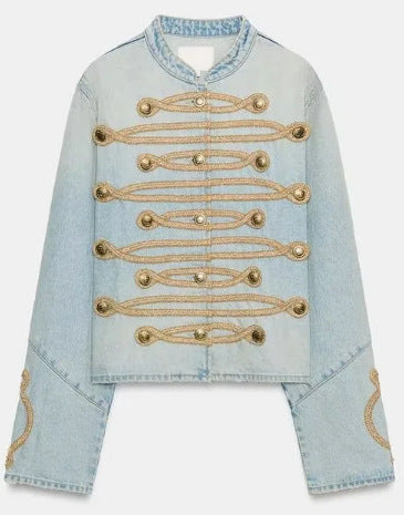 Dam Kort Denimjacka i Military Stil med Dekorativ Cord Application