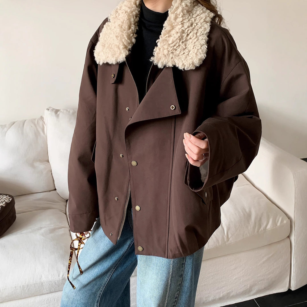 Dam oversize Utility jacka med hög teddy krage och Snap knappslå