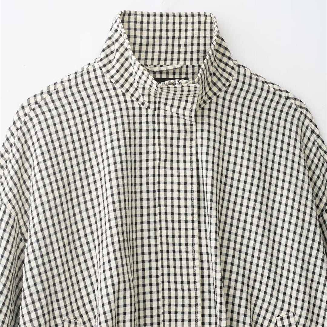 Dam Checked kort Boxy Blouson med Stand krage och sidofickor