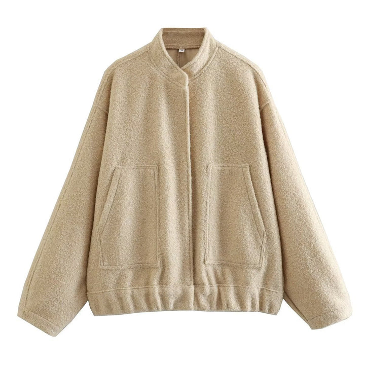 Dam 70+ Oversize Teddy-Fleecejacka med Stå Krage och Patch Fickor