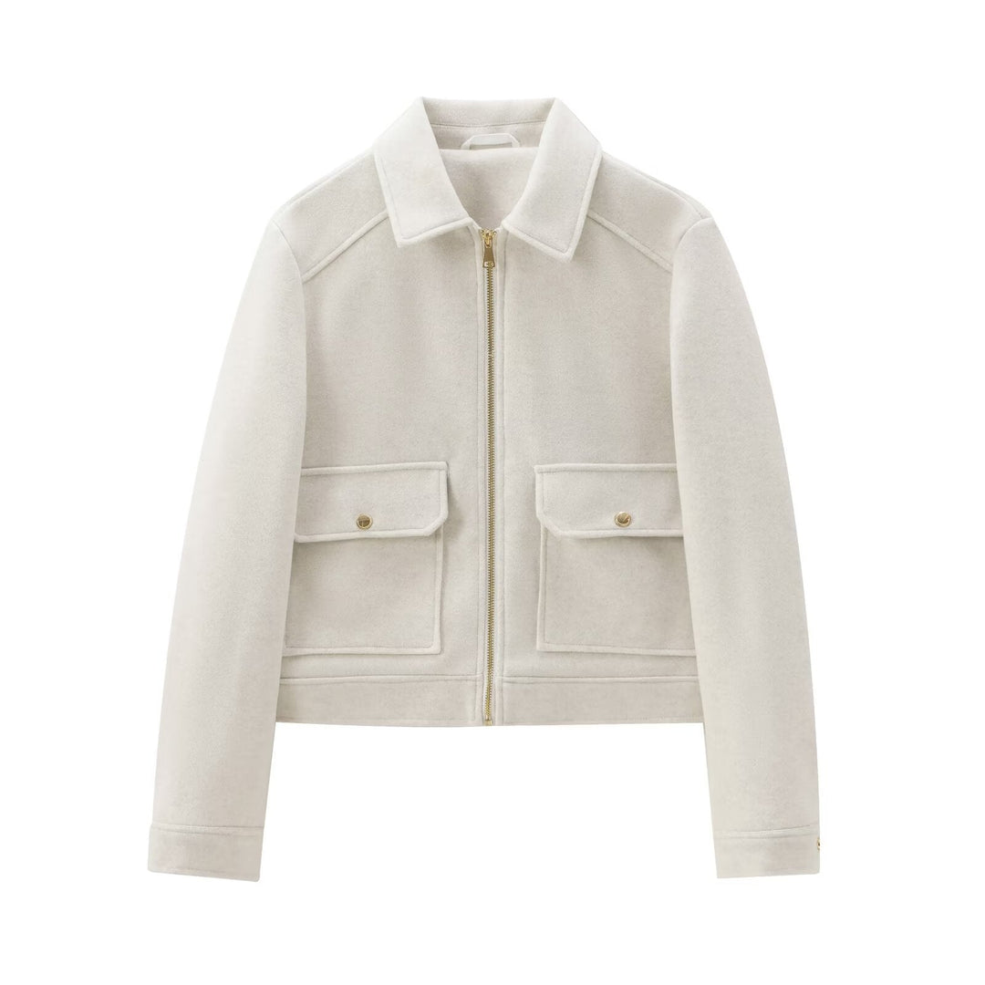 Dam Kort Boxig Jacka i Suede Look med Stå Krage, Dragkedja och Patch Fickor