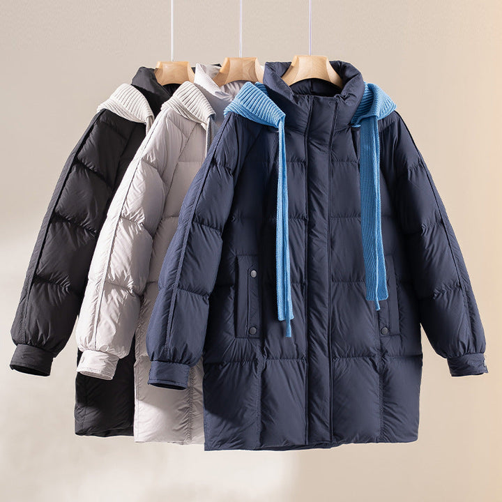 Dam vadderad kviltad jacka med huva ribbed krage lös passform och midi length