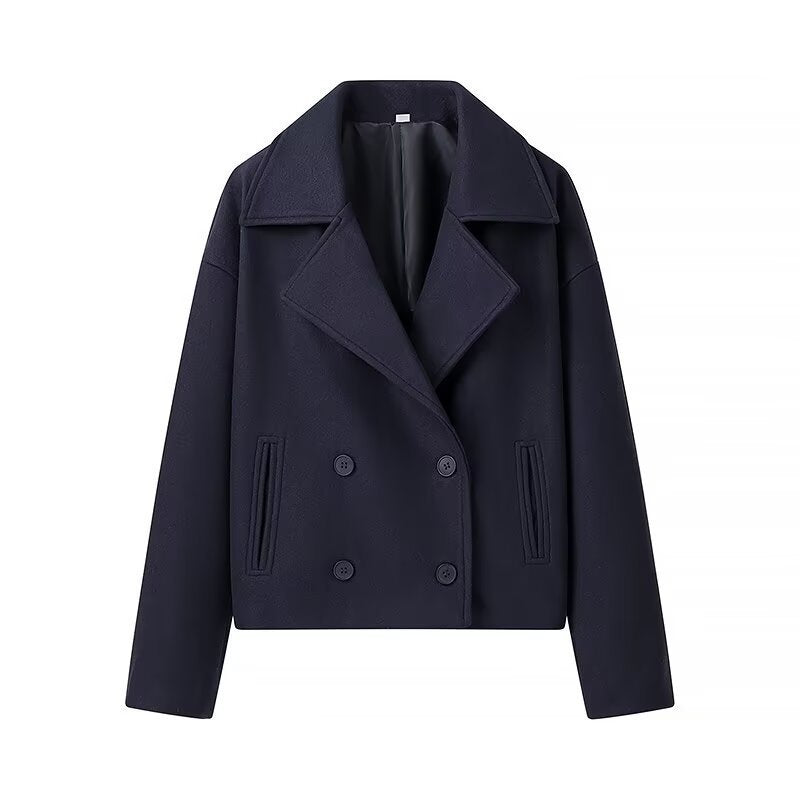 Dam kort Boxy ullblandning Peacoat med Double-Breasted knappslå och utanpåfickor