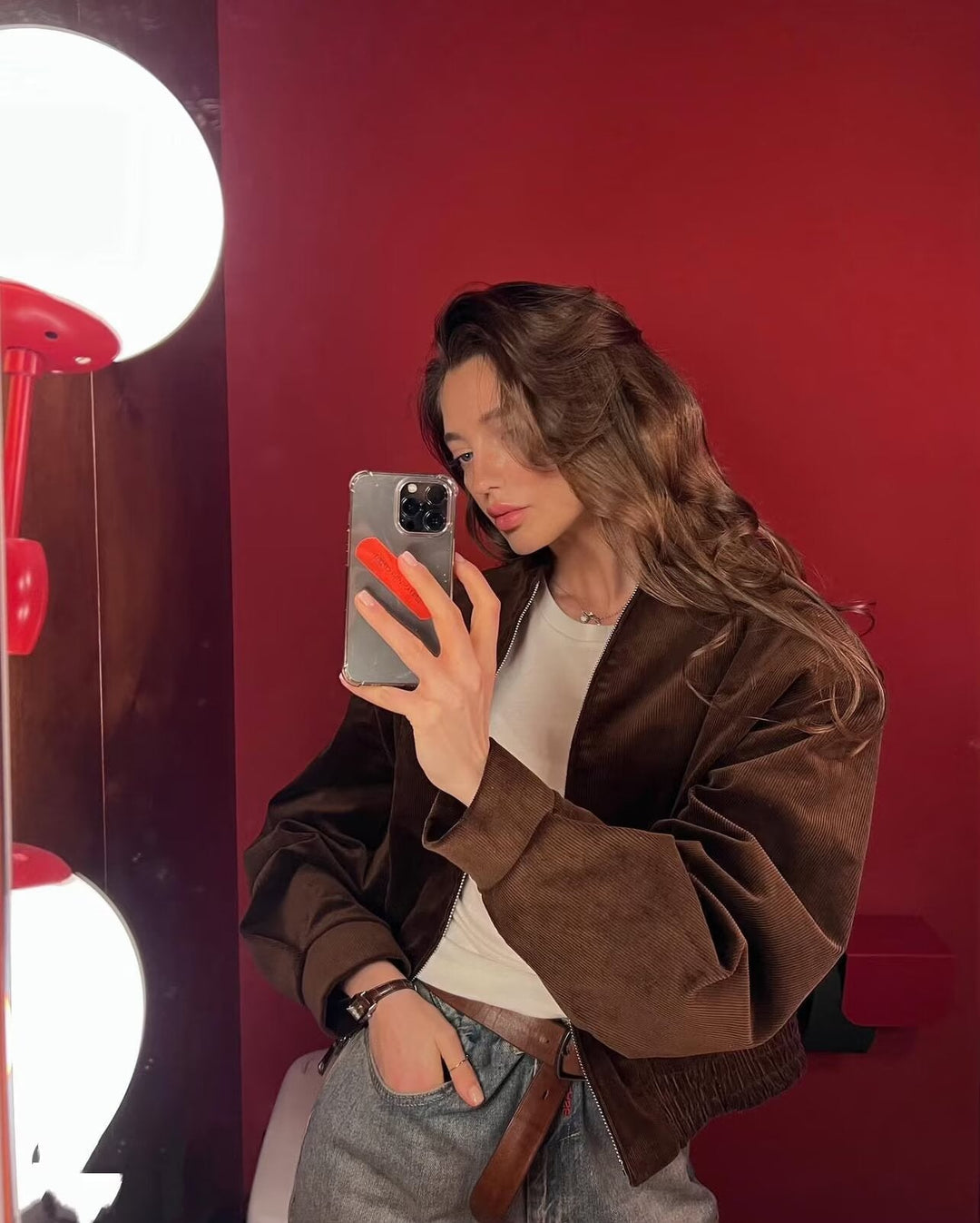 Dam Kort Skärning Cord Blouson Jacka med Dragkedja