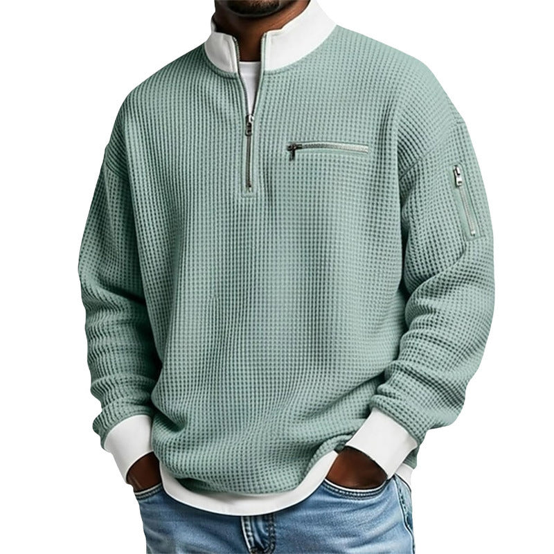 Herr Sportig Kvartsdragkedja Pullover med Textured Mönster