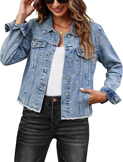 Dam kort skuren denimjacka med fringe fåll och patch breast fickor