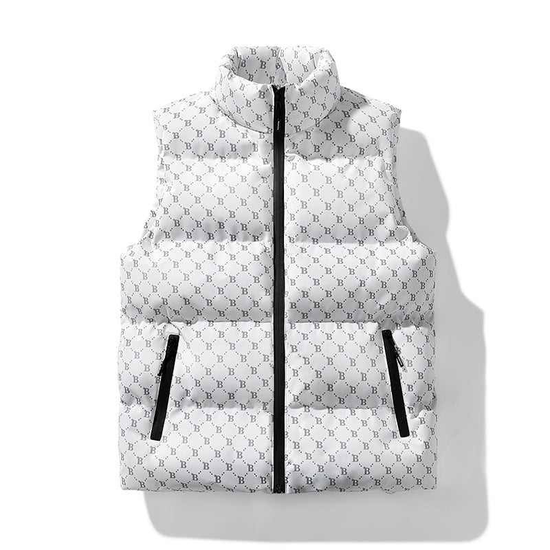 Herr quiltad funktion väst med monogram tryck och ståkrage