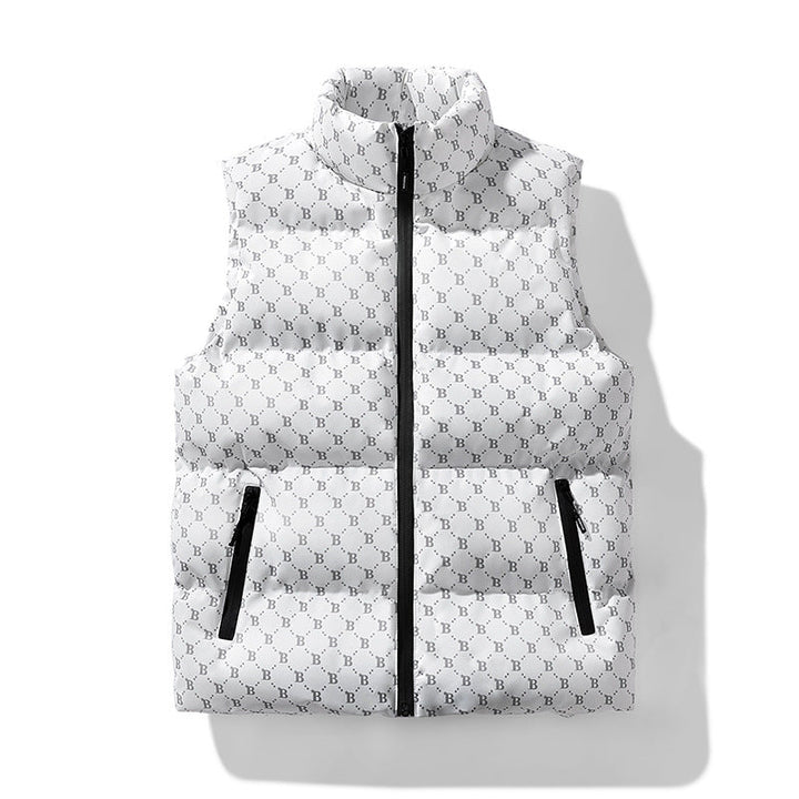 Herr quiltad funktion väst med monogram tryck och ståkrage
