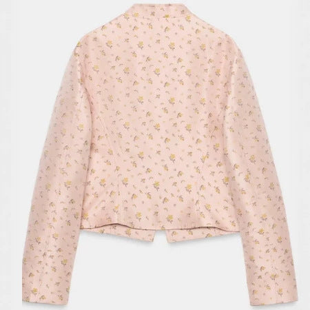 Dam Kort Military Blouson med Mandarin Krage, Dekorativ Cords och Blommig Vävd Texture