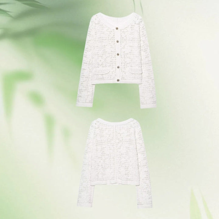 Dam Crocheted Kort Jacka i Boucle Look med Decorative Knappar och Utanpåfickor