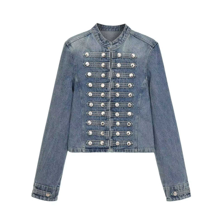 Dam denimjacka in military stil med row knappar och ståkrage
