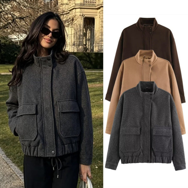 Dam Boxy ull Blouson med ståkrage, stor Flap fickor och Elastic fåll