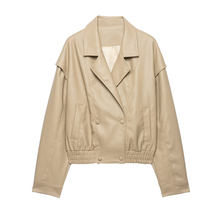 Dam Kort Jacka Tillverkad av Faux Läder med Wide Lapels och Gathered Nederkant