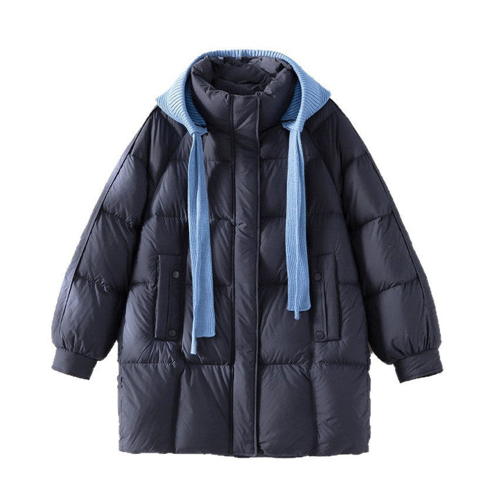 Dam vadderad kviltad jacka med huva ribbed krage lös passform och midi length