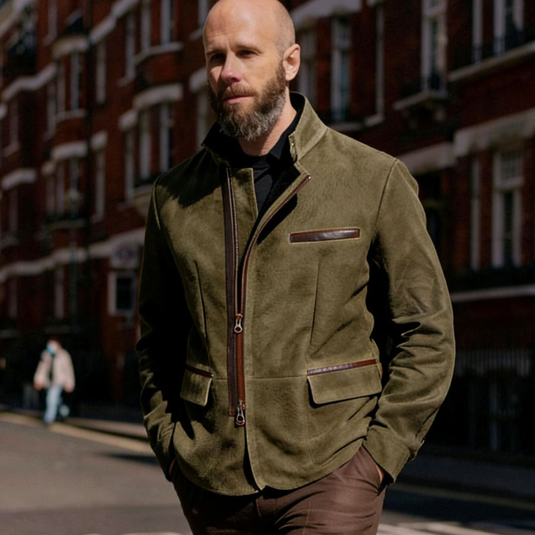Herr Läder Jacka med Hög Stående Krage och Asymmetrical Tvåvägsdragkedja