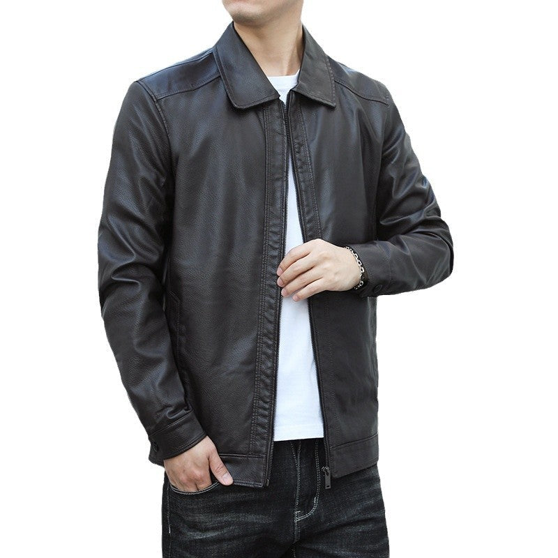 Herr Genuine Läder Blouson med Skjorta Krage, Smal Passform och Dold Dragkedja