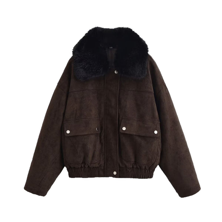 Dam Oversized Aviator Jacka Gjord av Mocka Läder Imitation med Stor Konstpäls Krage