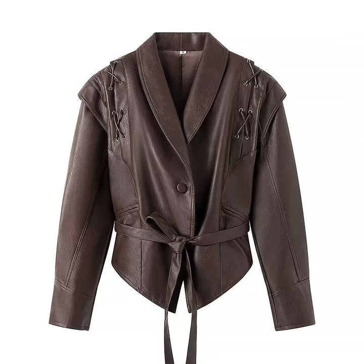 Dam kort blazer läder jacka med Shawl krage, midjebälte och Lacing Detail
