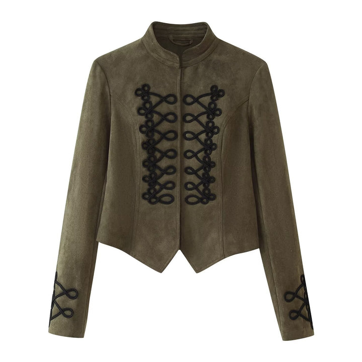 Dam Kort Skärning Suede Jacka i Military Look med Stå Krage och Dekorativ Cord Frog Appliqué