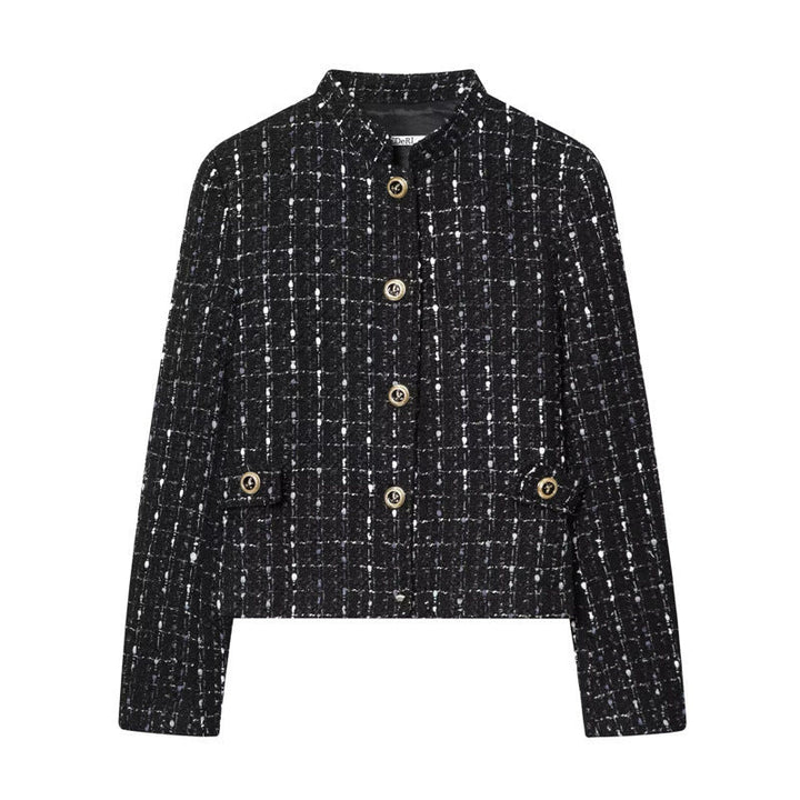 Dam Kort Bouclé Tweed Jacka med Ståkrage, Decorative Knappar och Utanpåfickor