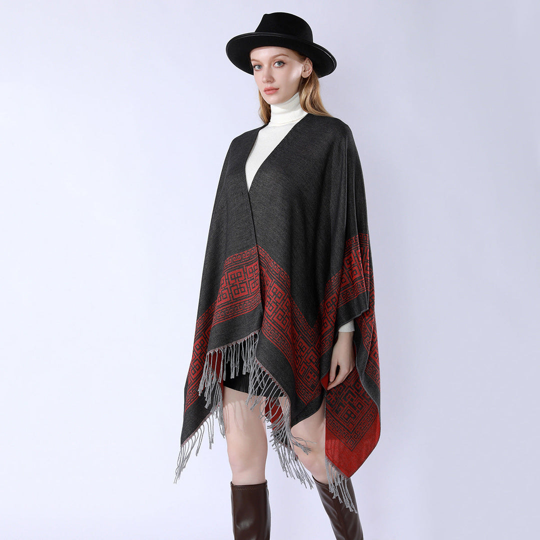 Dam Reversible ullblandning kimono stil Wrap med Ornamental Border och Decorative Fringes
