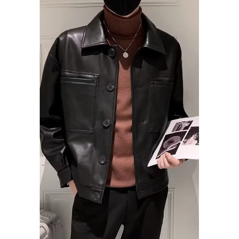 Herr Boxy Överskjorta i Läder Look med Skjorta Krage och Patch Breast Fickor