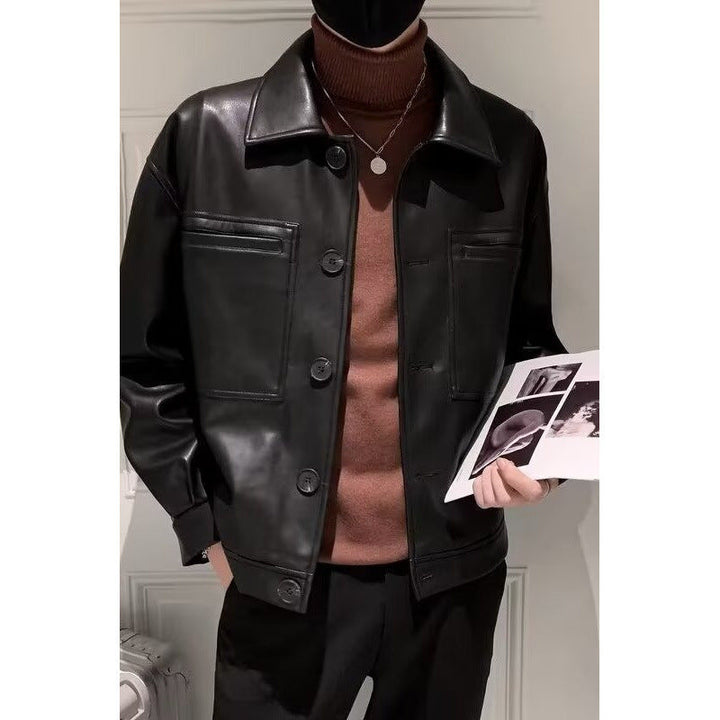 Herr Boxy Överskjorta i Läder Look med Skjorta Krage och Patch Breast Fickor