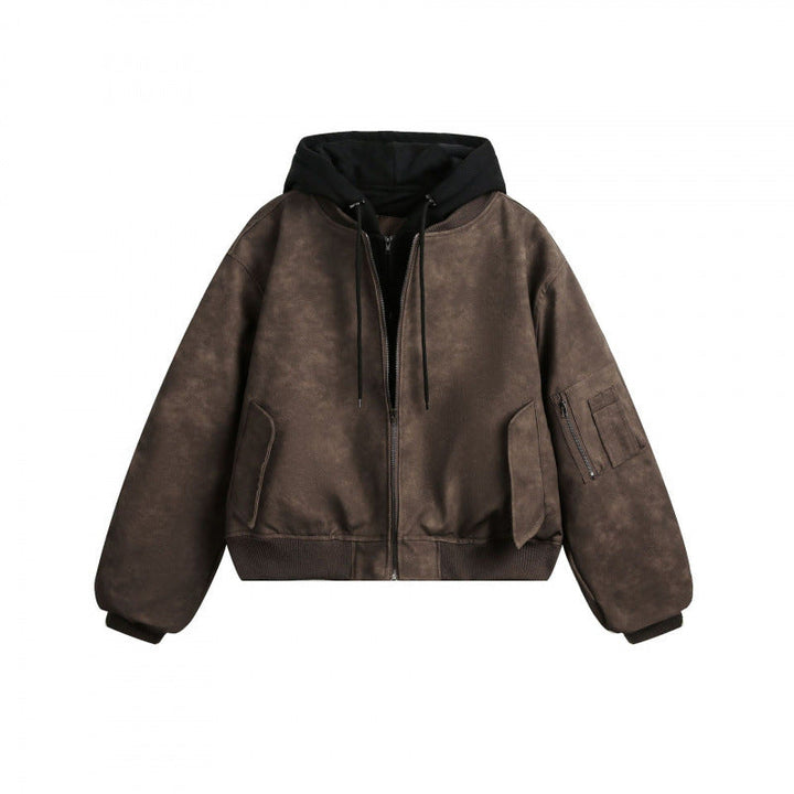 [Herr] kort skärning bomberjacka i vintage velvet look med integrerad huva, funktionell ärm ficka och ribbade muddar