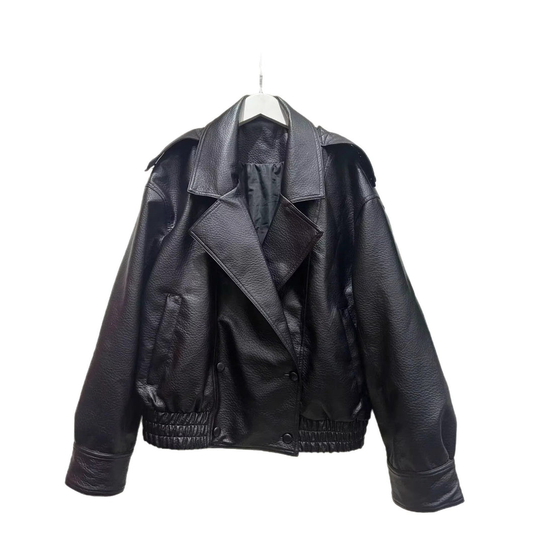 Dam cropped double-breasted konstläder blouson med bred krage och elastisk fåll