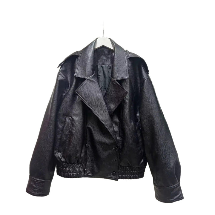 Dam cropped double-breasted konstläder blouson med bred krage och elastisk fåll
