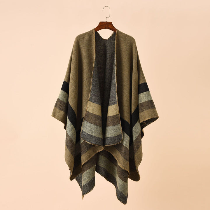 Dam ull-look poncho med asymmetrical block stripes och decorative stitch edge