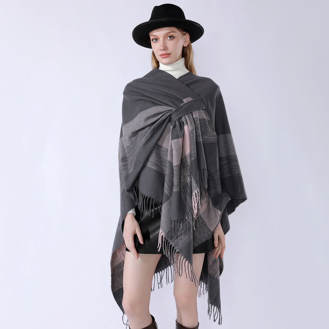 Dam lätt ullblandning kimono skärning Overlay med Herringbone kant och fransfåll