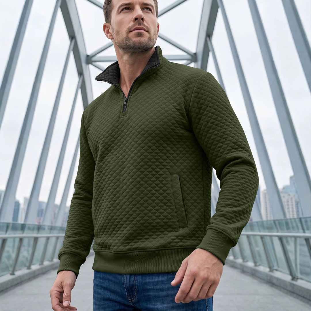 Herr Quiltad Pullover med Troyer Krage och Halv Dragkedja