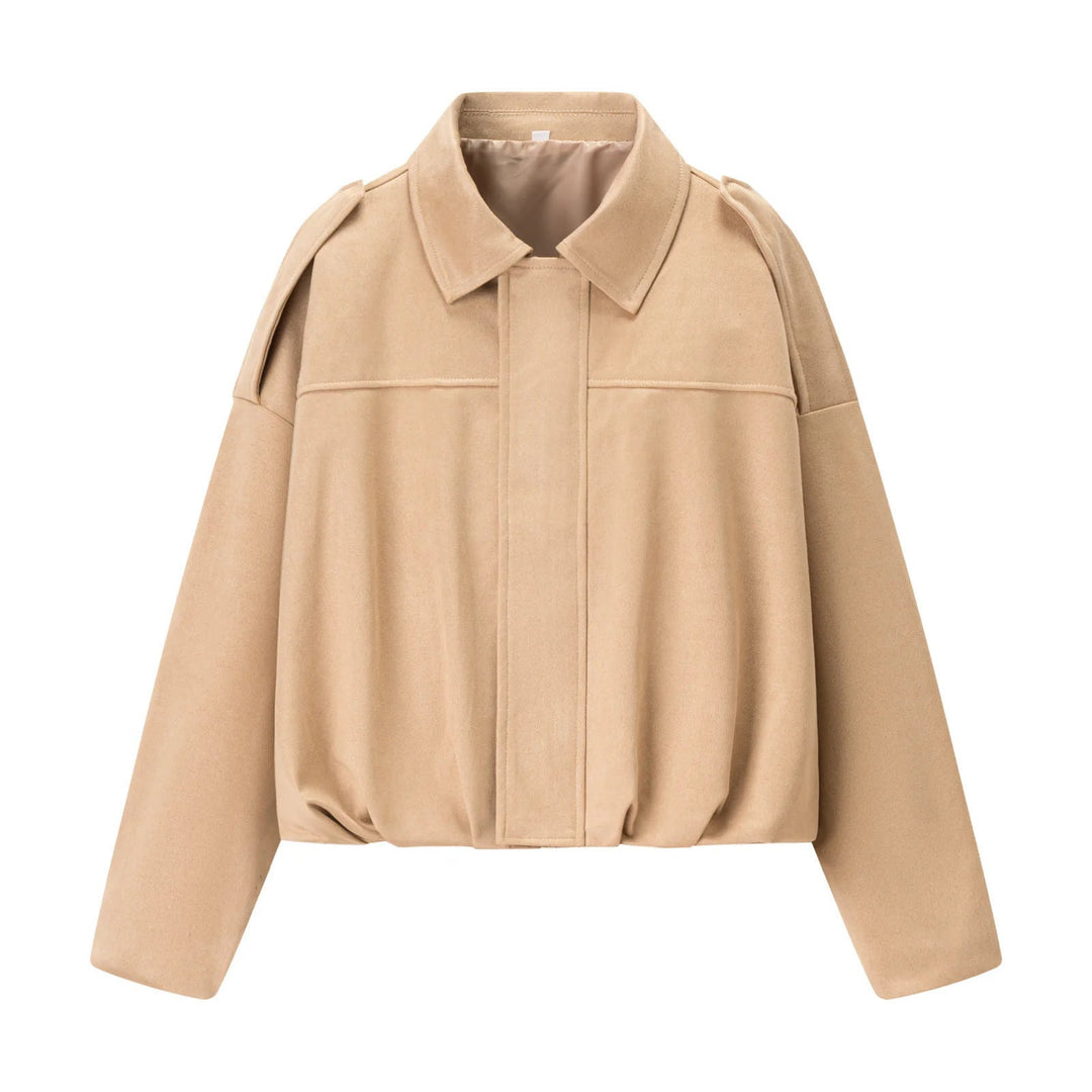 Dam cropped boxy blouse jacka med skjortkrage, concealed front placket, och elastisk fåll