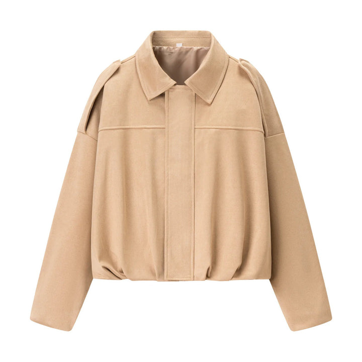Dam cropped boxy blouse jacka med skjortkrage, concealed front placket, och elastisk fåll