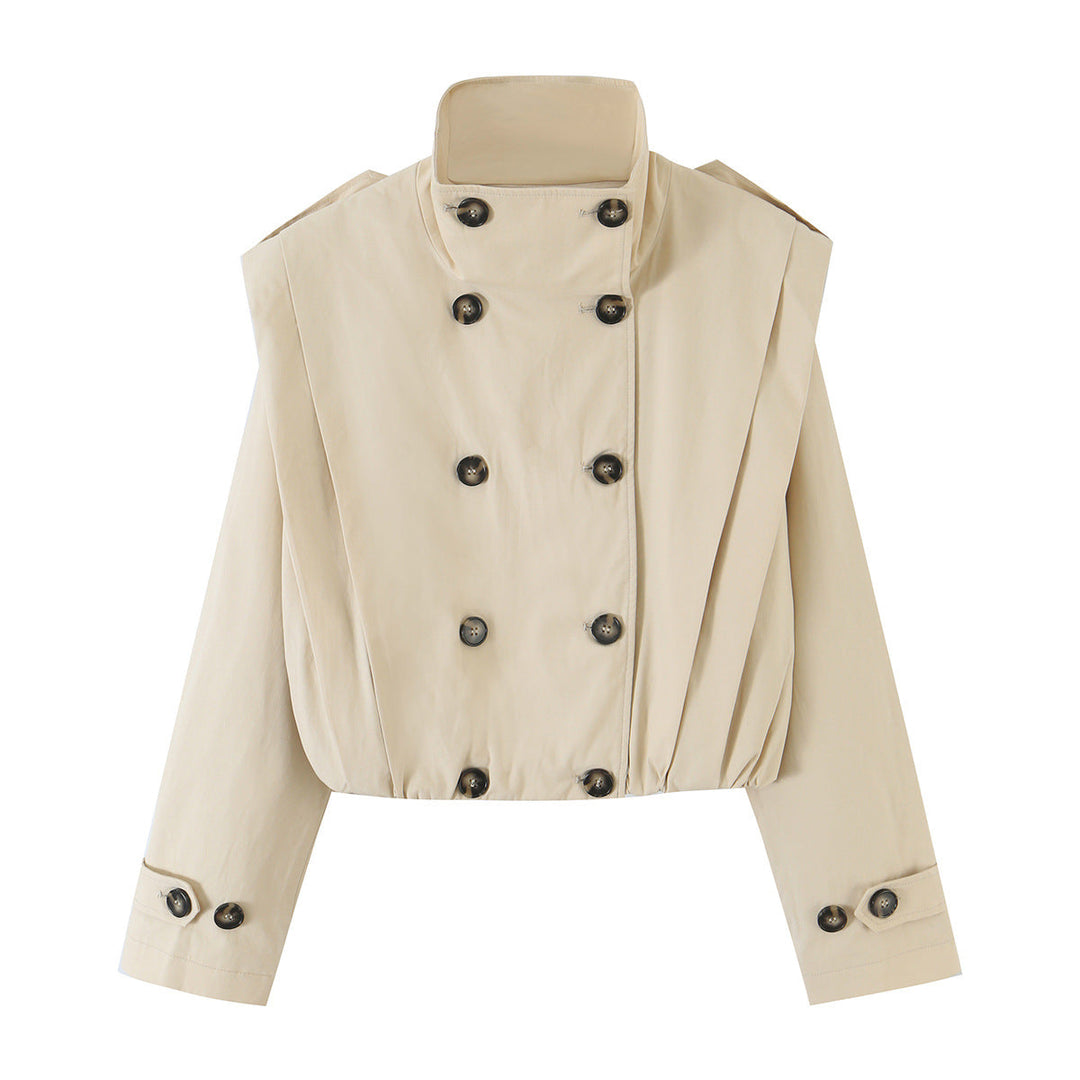 Dam Kort Double-Breasted Trench Jacka med Stå Krage och Tailoring Elastic