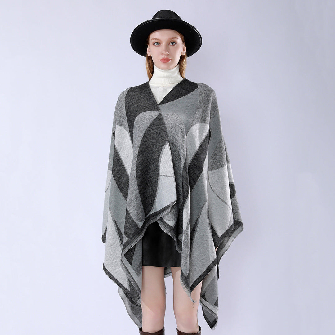 Dam Oversize poncho med V Neck och Geometric Jacquard design