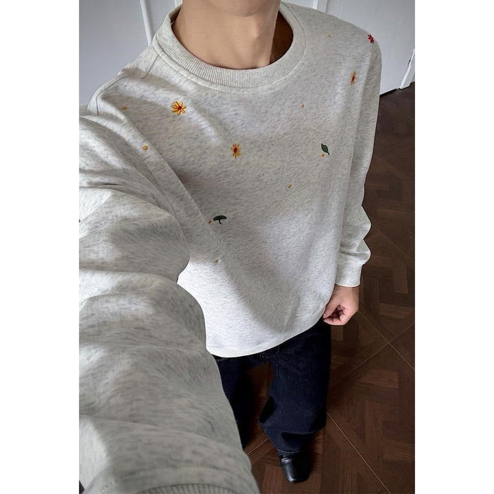 Herr Crew Neck College-Tröja med Minimalistisk Blommig Embroidery och Clean Skärning