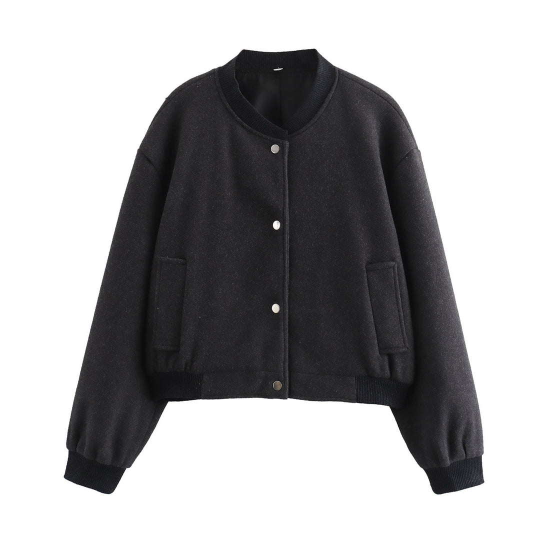 Dam Kort Oversize Collegejacka i Ull Blend med Tryckknapp Knapp Stängning, Side Fickor och Ribbed Muddar