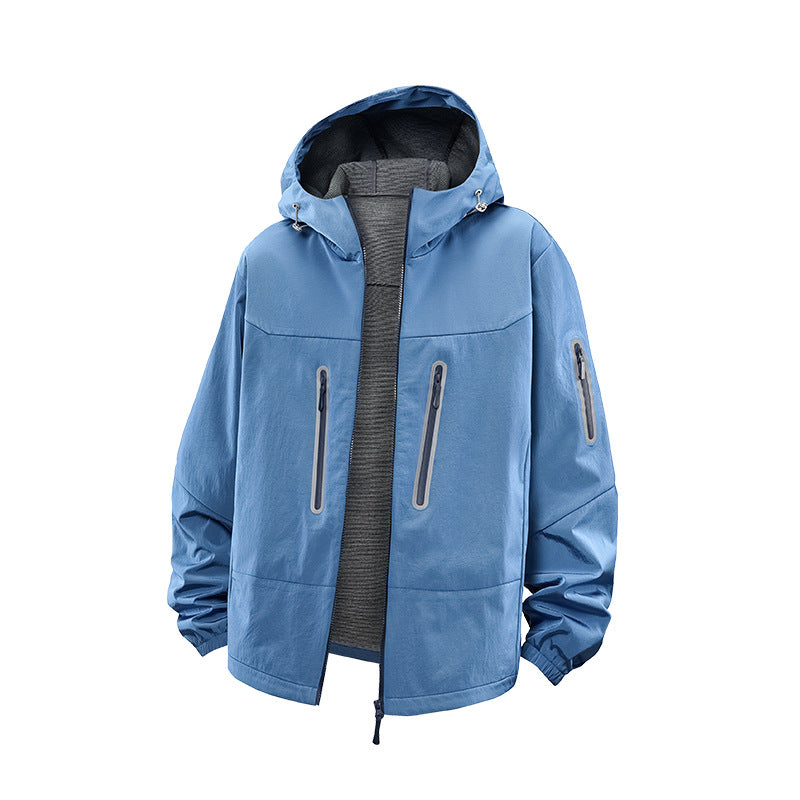 Herr Teknisk Softshell Frilufts Jacka med Huva, Tätad Dragkedjor och Sportig Normal Passform