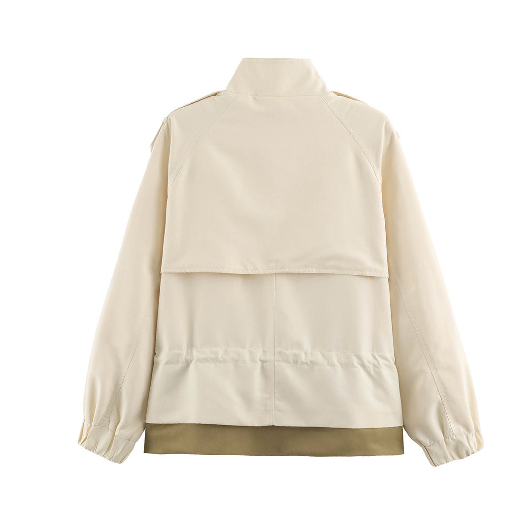 Dam Kort Jacka med Stå Krage, Drawstring Waist och Lock Fickor