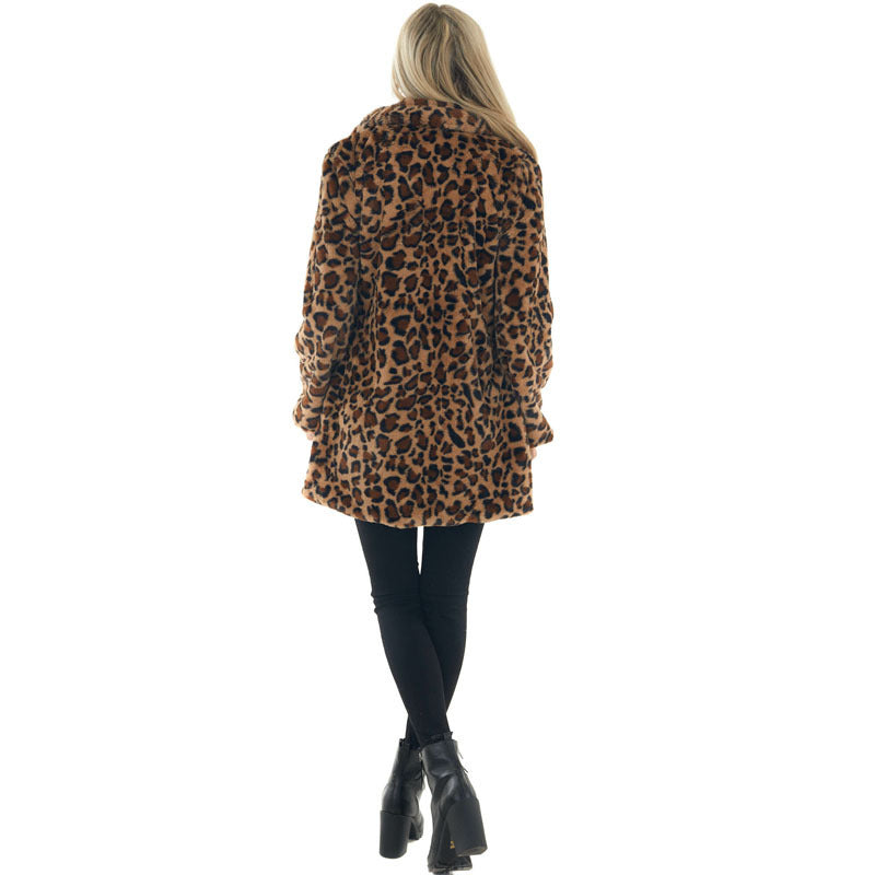 Dam Faux-Fur Leopard-tryck Hooded plysch Mid-Length kappa