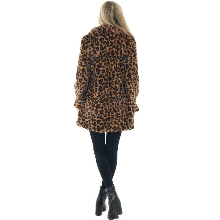 Dam Faux-Fur Leopard-tryck Hooded plysch Mid-Length kappa