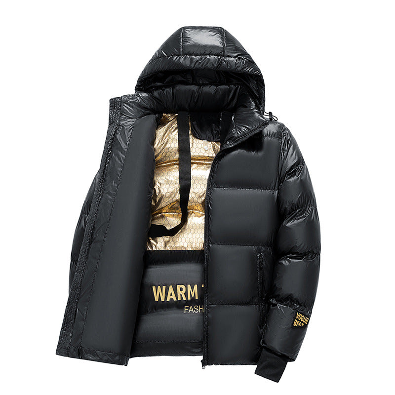 Herr Vadderad Quiltad Jacka med Huva, Thermo Isolering &amp; Gold Printed Foder
