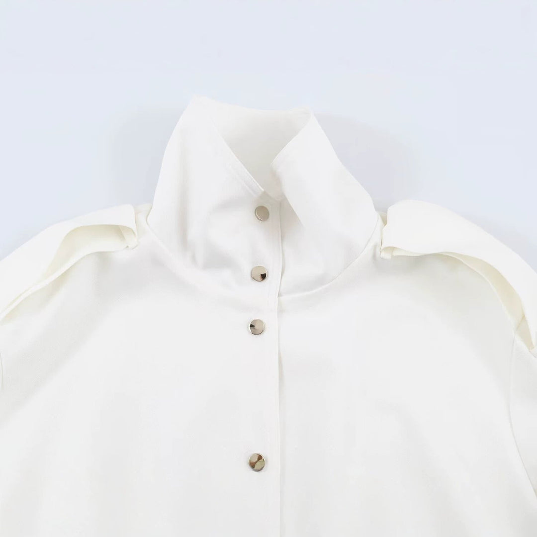 Dam Oversize Blouson Jacka med Hög Stå Krage, Shoulder Patches och Elastic Nederkant