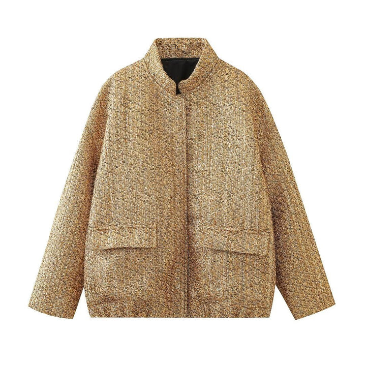 Dam avslappnad tweed jacka med kort ståkrage, concealed front, och påsydda fickor
