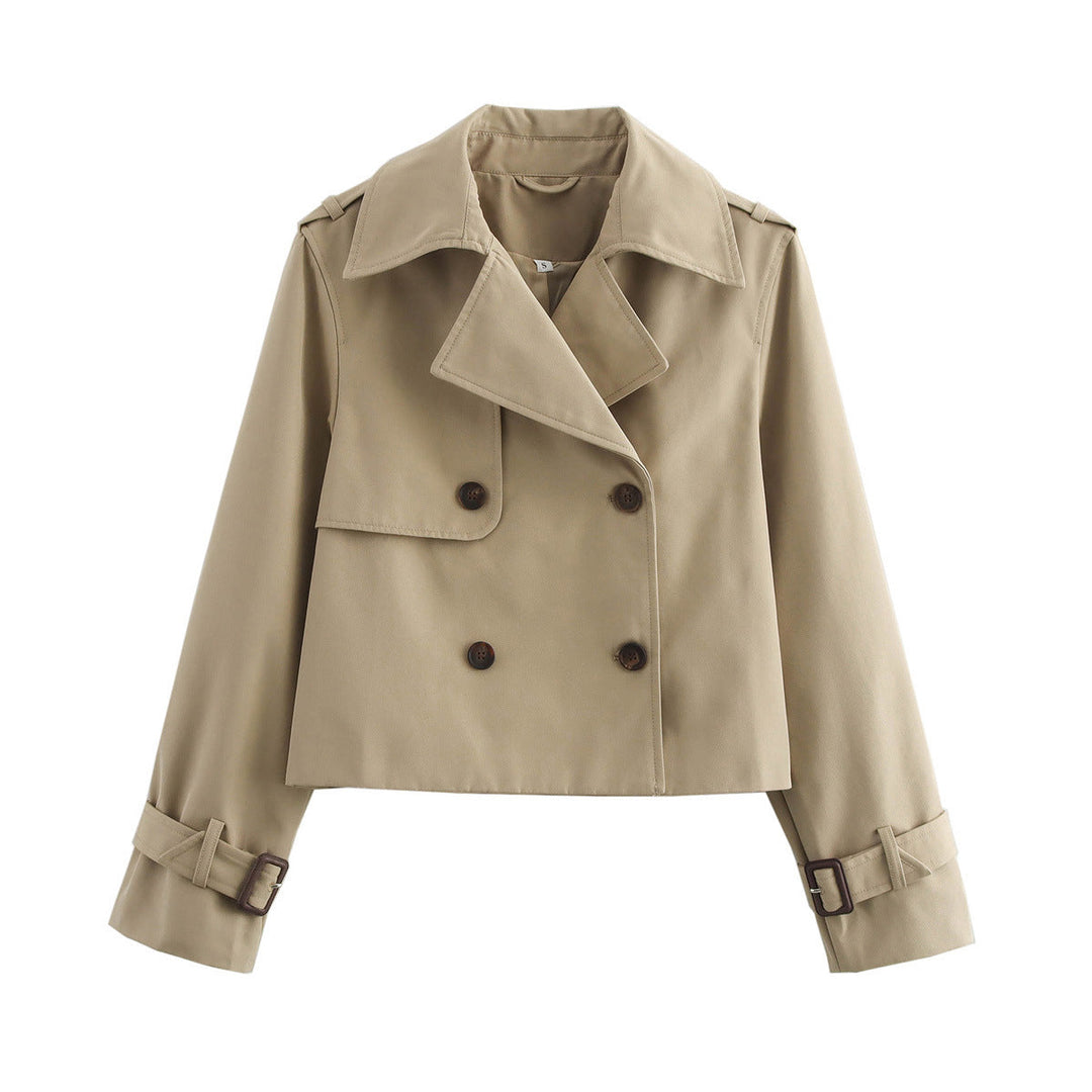 Dam kort skärning double-breasted trenchcoat med axel straps och adjustable cuffs